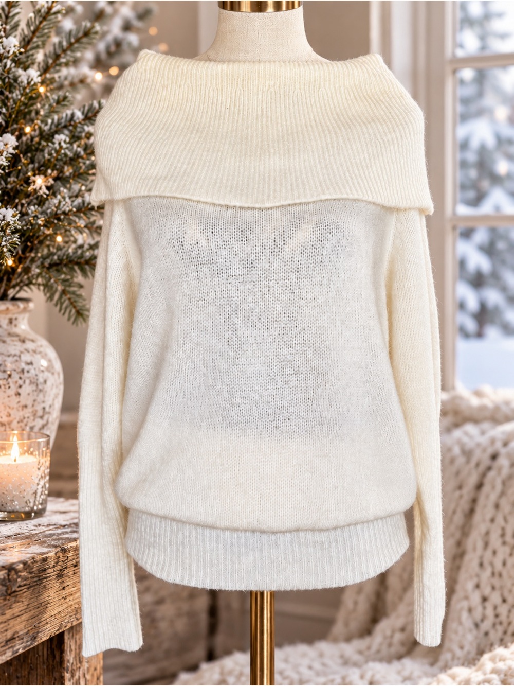 Olivaceous Cream Off-the-Shoulder Foldover Ribbed Sweater Tunic. NWOT. MSRP $98.